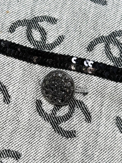 Chanel 22S grey denim dress with all-over logo and black rhinestone buttons