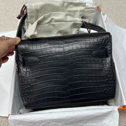 Hermès Kelly Depeches 25 black matte crocodile leather palladium hardware