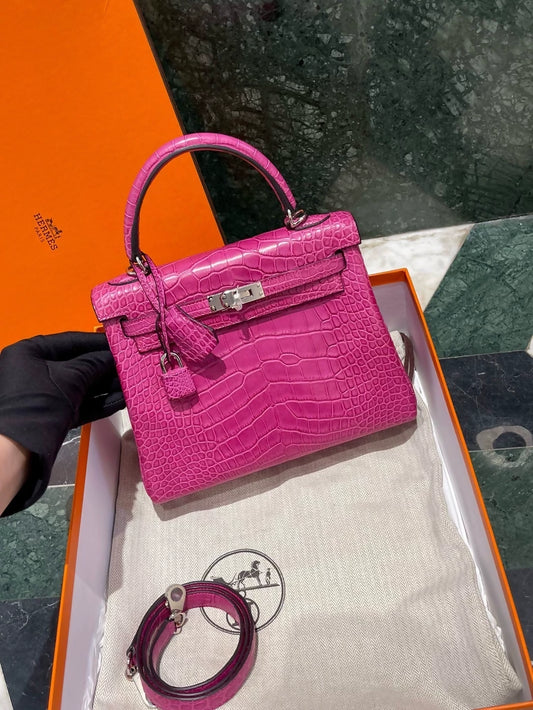 Hermes Kelly 25 L3 Rose Pourpre Matte Alligator leather palladium hardware