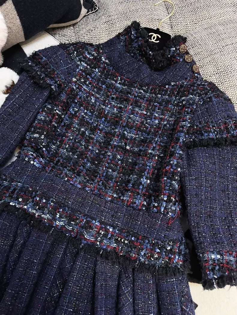 Chanel 2013 Deep Blue Pleated Sequin Tweed Dress