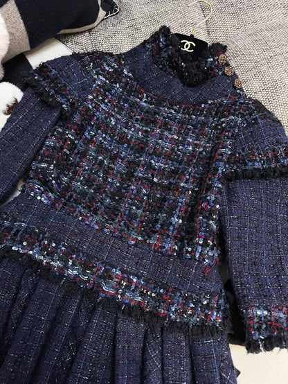 Chanel 2013 Deep Blue Pleated Sequin Tweed Dress