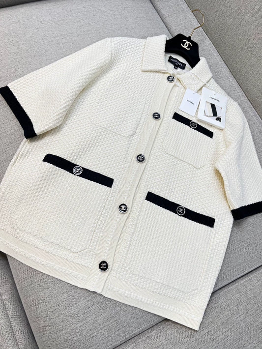 Chanel off-white knit three-pocket cardigan