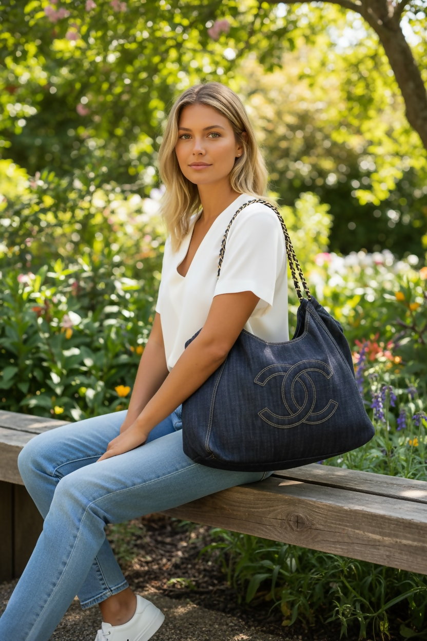 Chanel Blue Denim XL Coco Cabas Timeless Tote Bag with Pochette