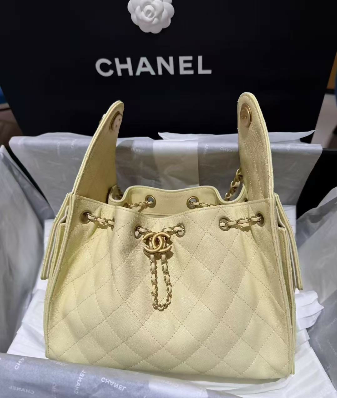 Chanel 2025 Grained Calfskin & Gold-Tone Yellow Small Handbag