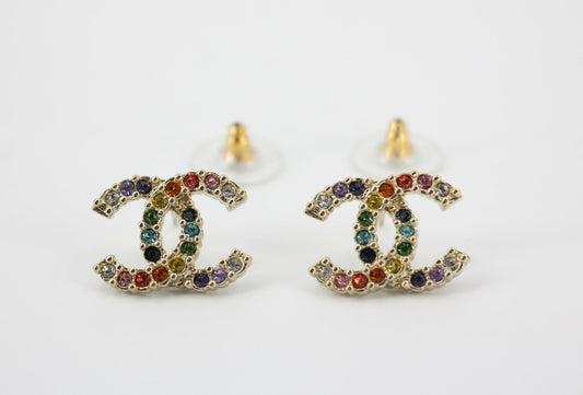 Chanel A19S Rhinestone Multicoloured CC Logo Stud Earrings