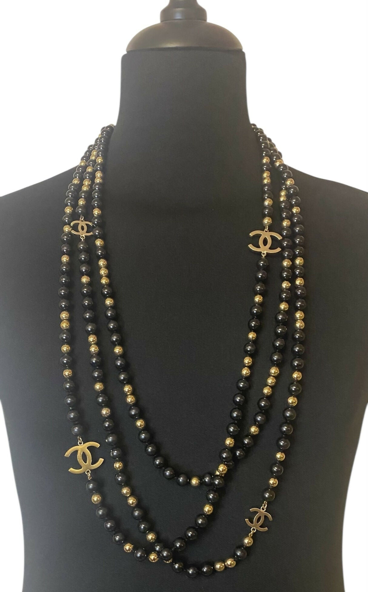 Chanel 16S Extra Long 3 Strand 4 CC Black Gold Mirror Beaded Necklace