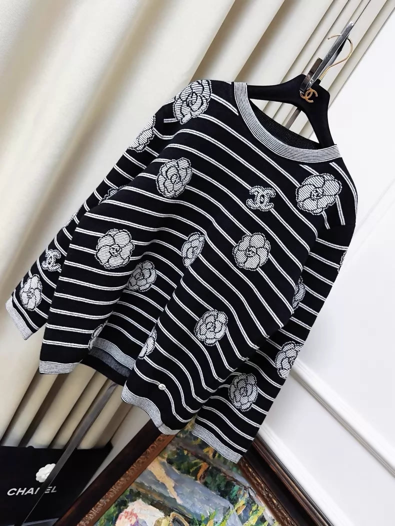 Chanel 23k black and white striped camellia double C logo knit sweater