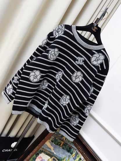Chanel 23k black and white striped camellia double C logo knit sweater