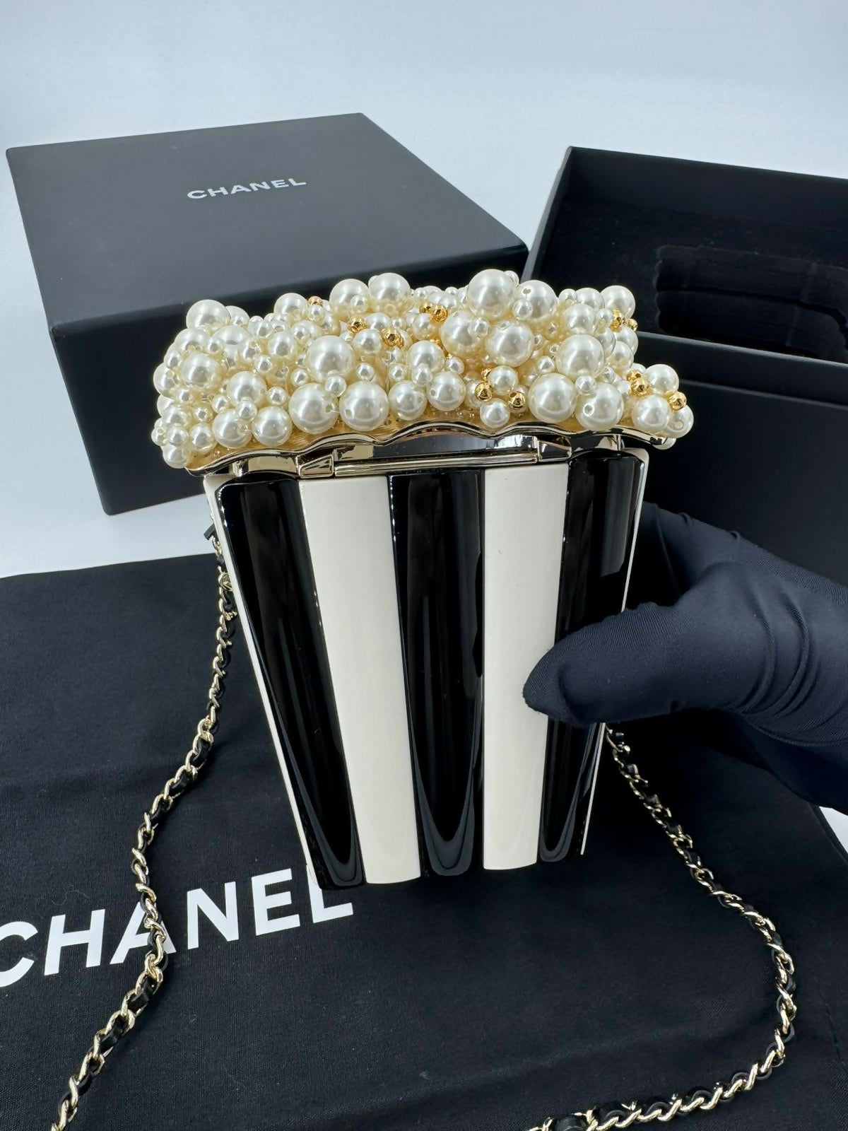 Chanel 2024 Imitation Pearl and Gold-tone Popcorn Minaudière Bag