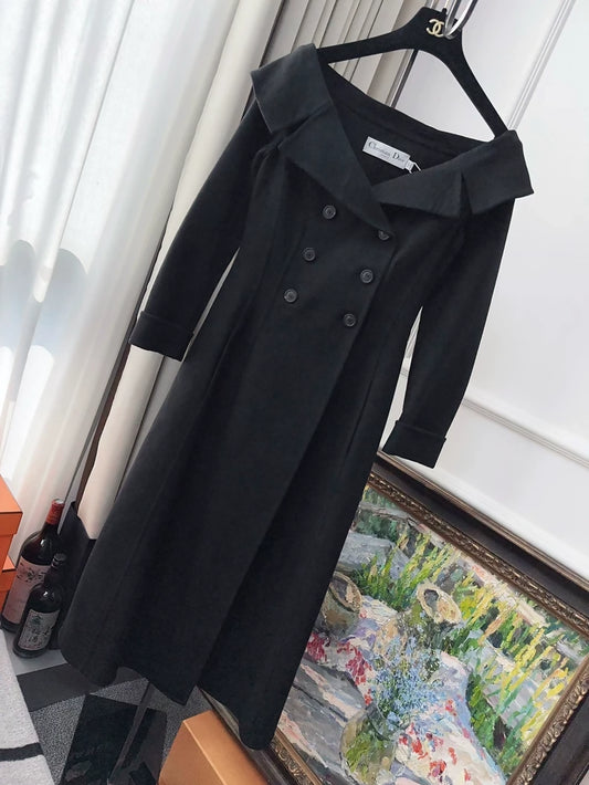 Dior classic black wool off shoulder long dress