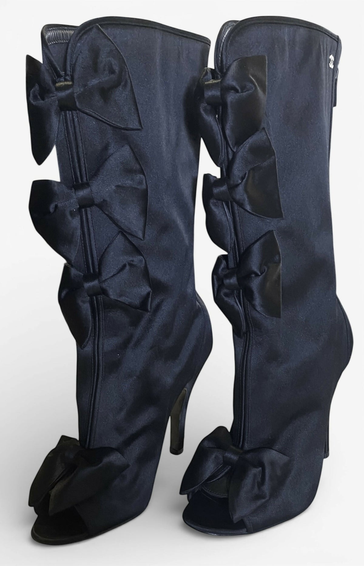 Chanel 09P Black Satin CC Bow Mid Calf Peep Toe Booties Ankle Boot Heels