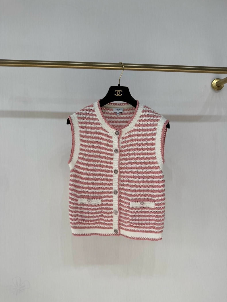 Chanel 22P Pink and White Striped Knit Cardigan