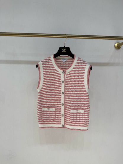 Chanel 22P Pink and White Striped Knit Cardigan