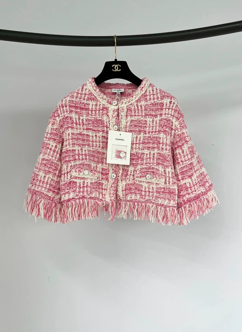 Chanel pink fringed tweed jacket