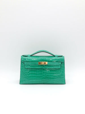 Hermès Kelly Pochette Vert Jade Shiny Porosus Crocodile Gold Hardware