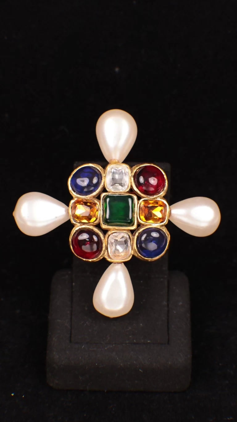 Chanel 1991 Red and Green Glass Rhinestone and Pearl Brooch