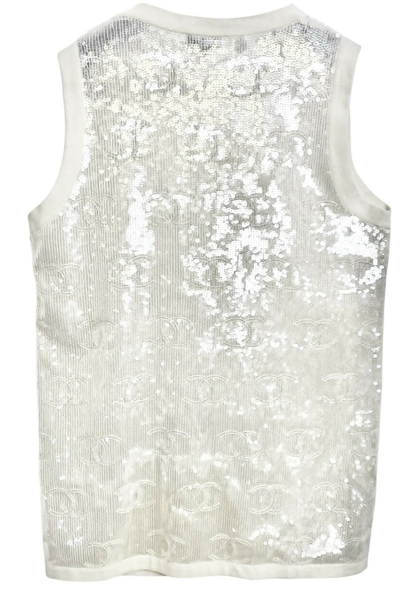 Rare Chanel 22S CC Iridescent Sequin Cream Mini Dress Cardigan Vest FR 40