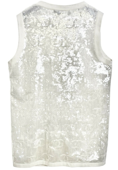 Rare Chanel 22S CC Iridescent Sequin Cream Mini Dress Cardigan Vest FR 40