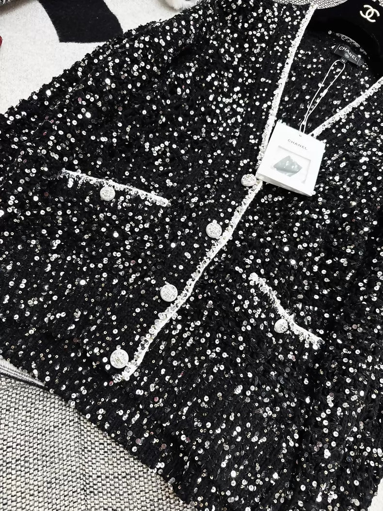 Chanel 23S black sequined V-neck knit cardigan