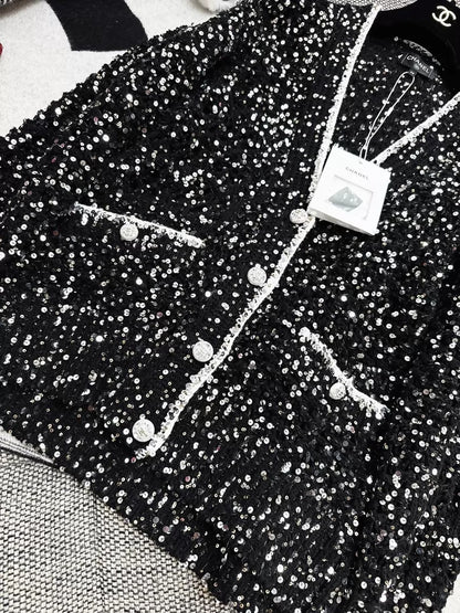 Chanel 23S black sequined V-neck knit cardigan