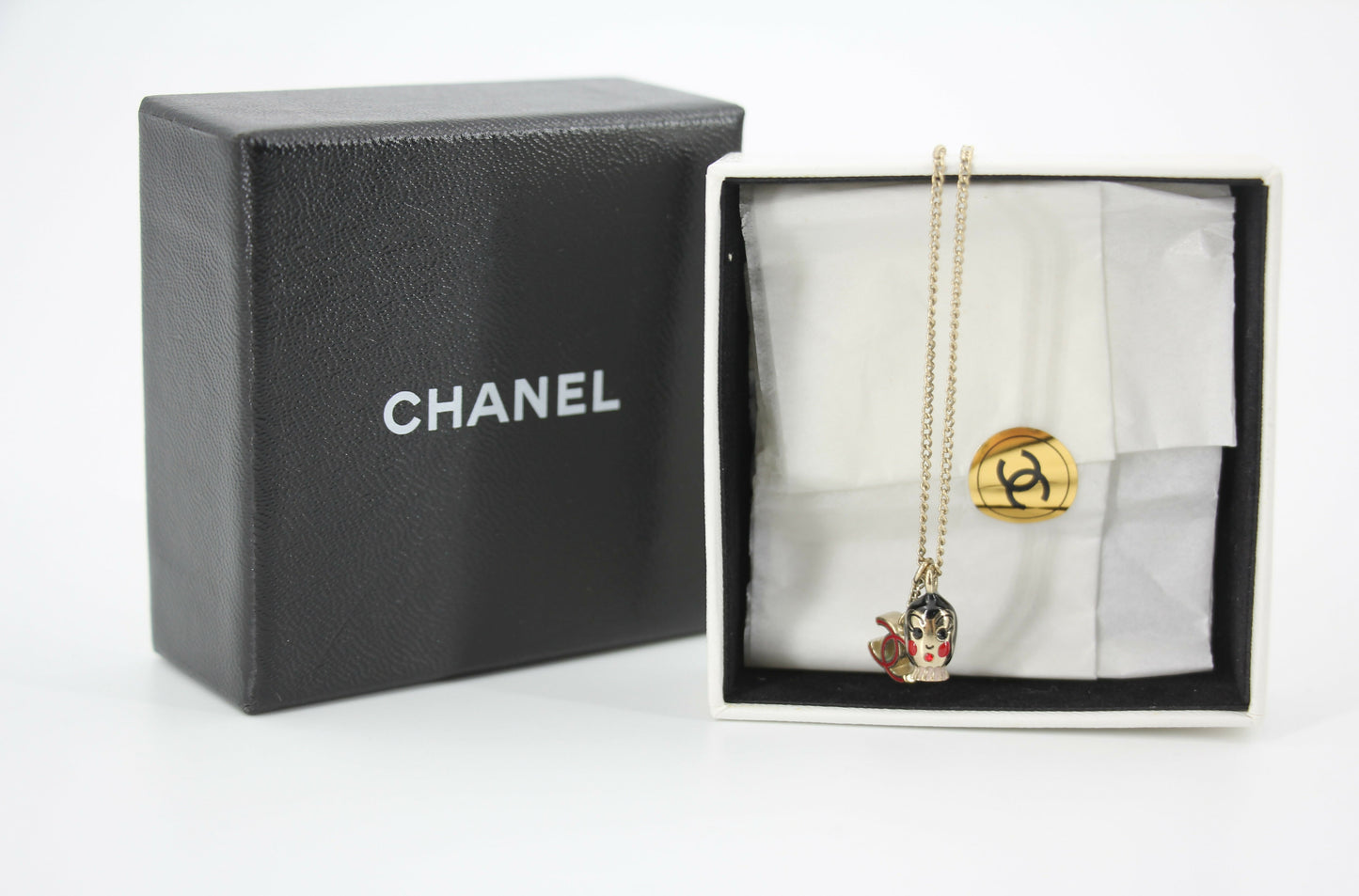 Chanel Vintage 05P Metal Doll Head & Red CC Necklace