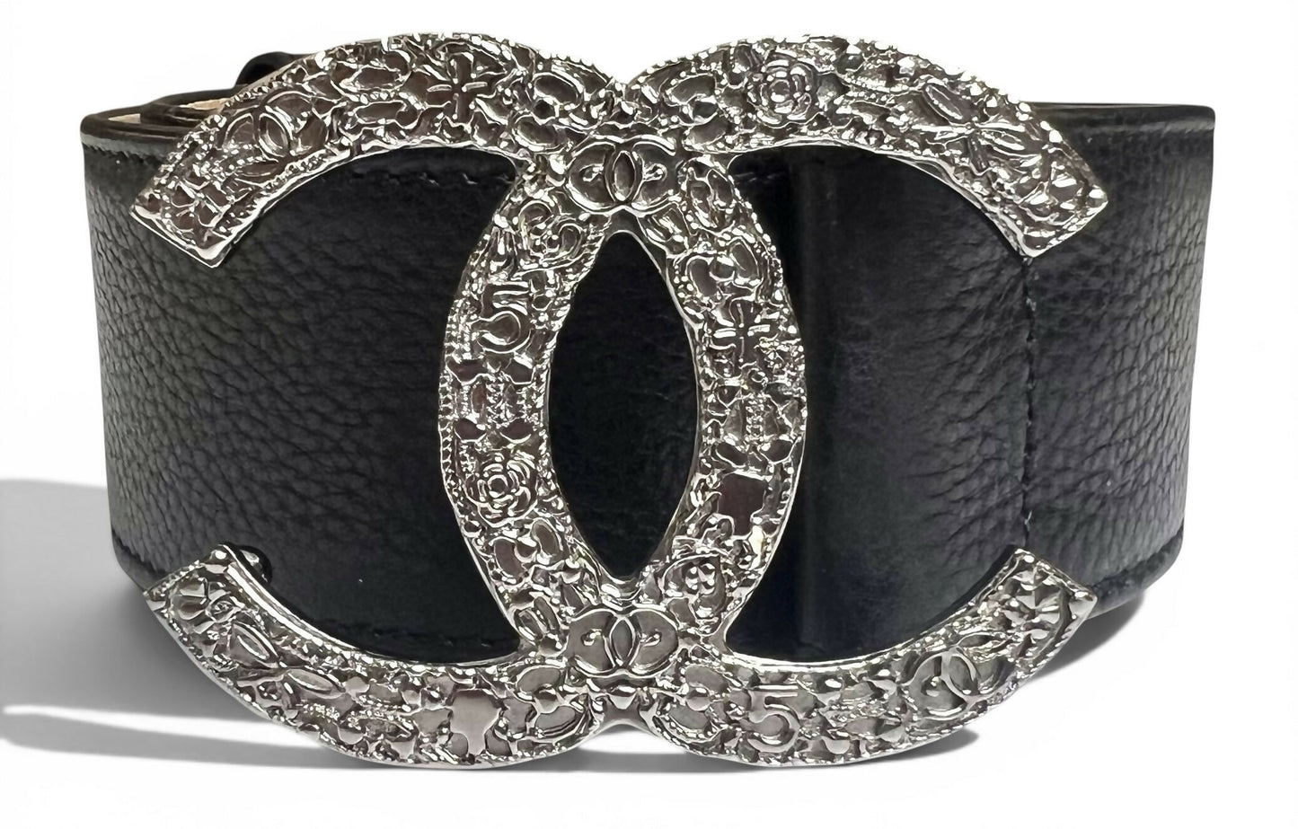 Chanel 08A London Black Caviar Leather Silver CC Charm Emblems Belt Size 95/38