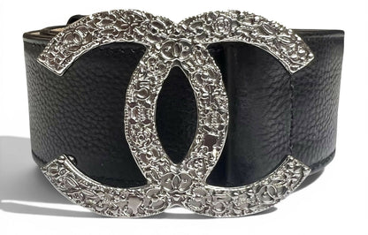 Chanel 08A London Black Caviar Leather Silver CC Charm Emblems Belt Size 95/38