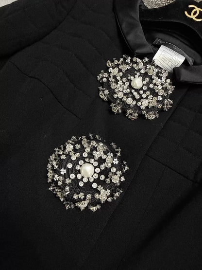 Chanel 06A black embroidered crystal button tweed jacket and skirt