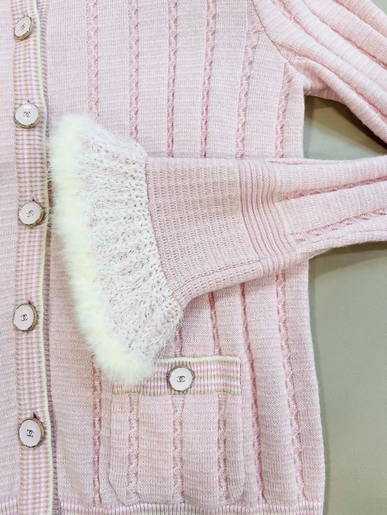Chanel 25B Pink Cashmere Knit Cardigan with Feather Cuffs