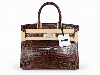 Hermès Birkin 30 Brown Shiny Porosus Crocodile Diamond Hardware