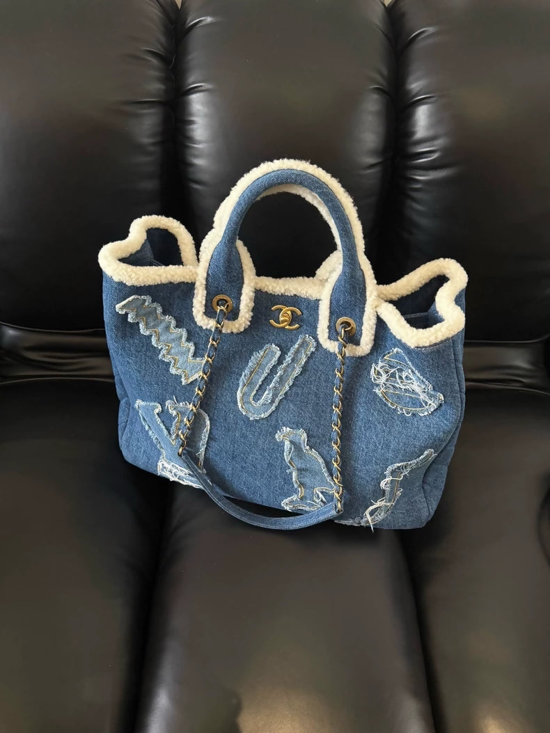 Chanel 19A shopping bag in patchwork denim and shearling