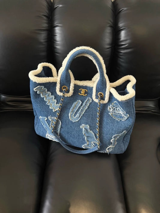 Chanel 19A shopping bag in patchwork denim and shearling