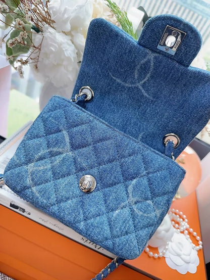 Chanel 20B denim CC logo print square bag with chain strap