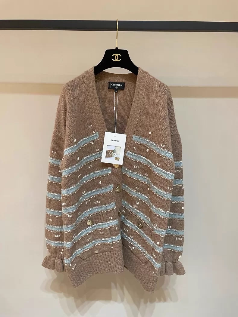 Chanel 24k Brown Striped Sequined Knit Cardigan Sweater