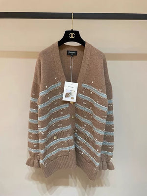Chanel 24k Brown Striped Sequined Knit Cardigan Sweater