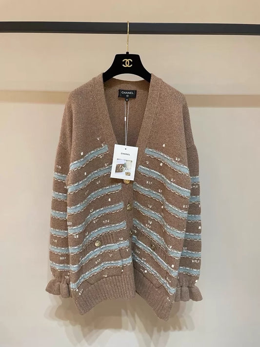 Chanel 24k Brown Striped Sequined Knit Cardigan Sweater