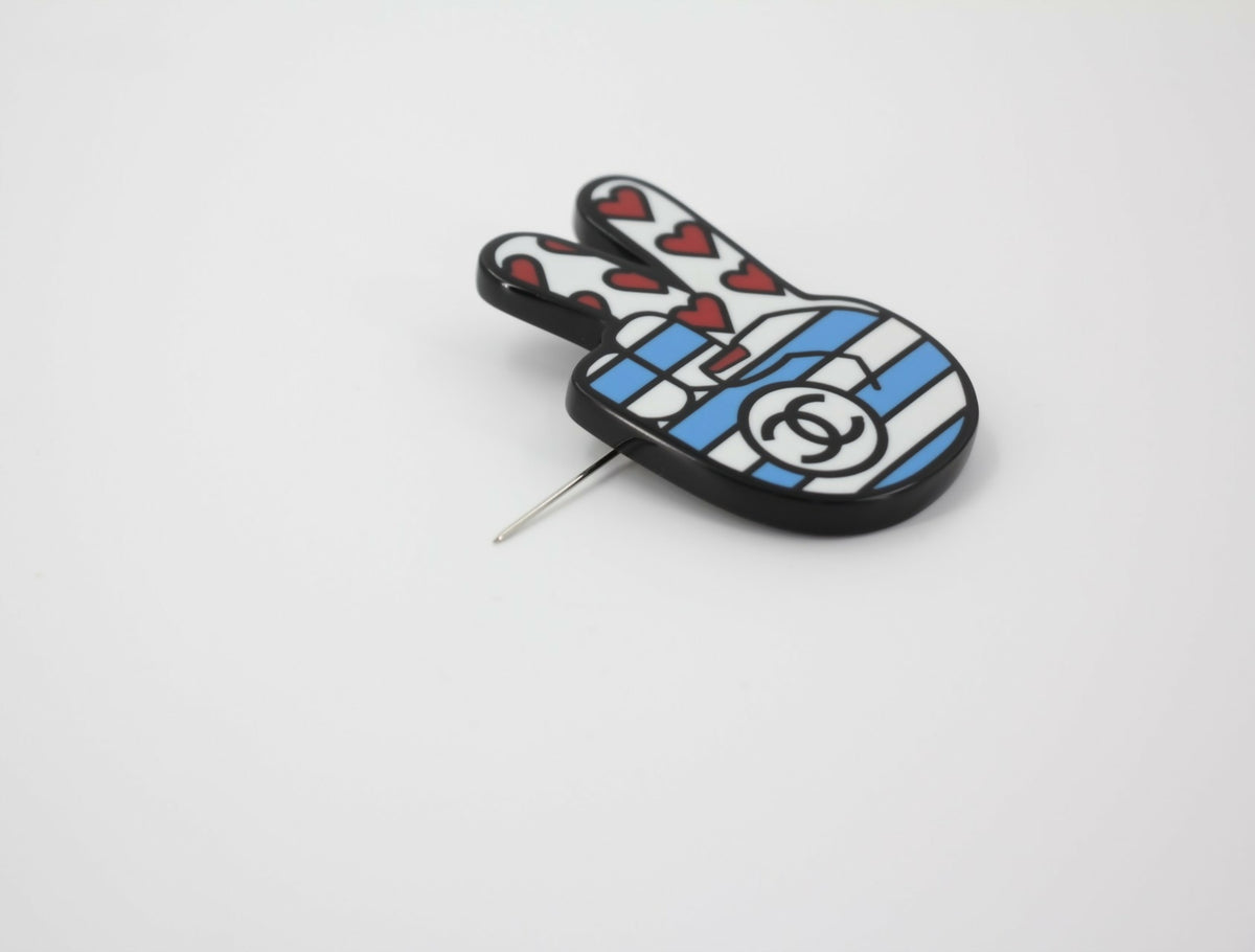 Chanel 16K Resin F "Victory Sign" Brooch in Blue White and Red