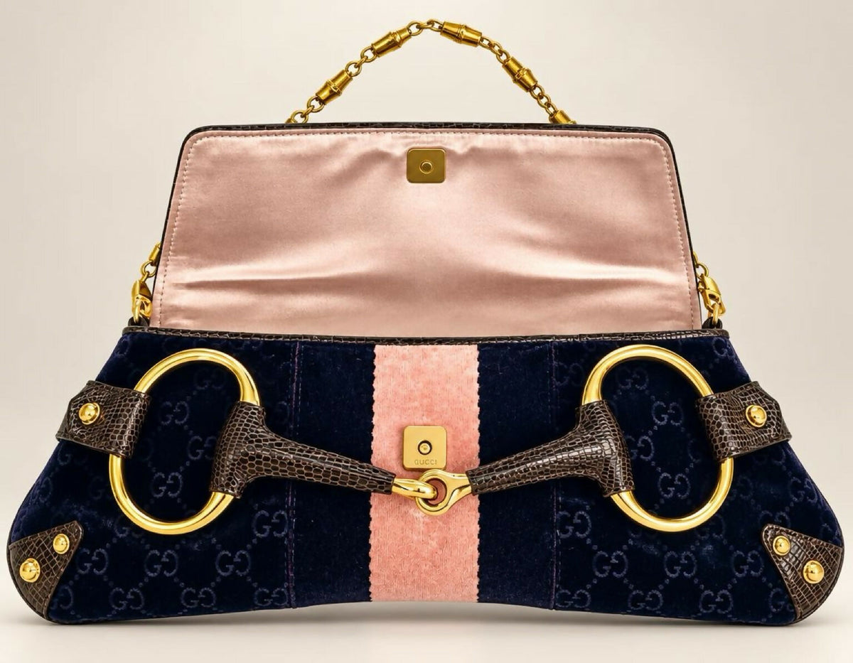 GUCCI Tom Ford XL Purple Velvet GG Exotic Lizard Trim Horsebit Clutch Bag