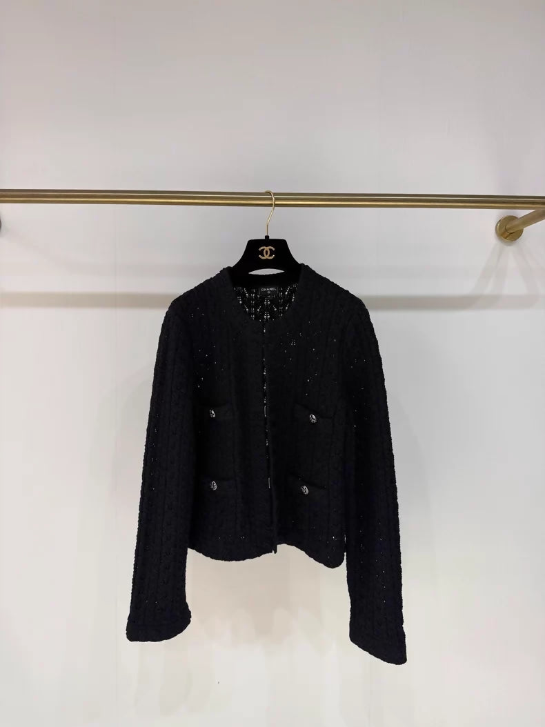 Chanel 24P Black Embossed Floral Knit Cardigan