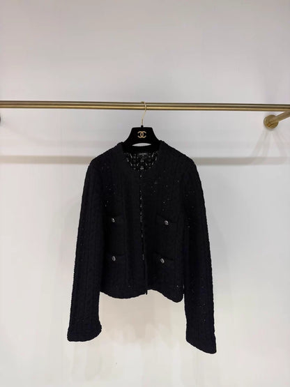 Chanel 24P Black Embossed Floral Knit Cardigan