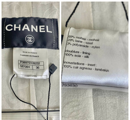 Chanel 10A Shanghai Shearling Tweed CC Grey Black Leather Trim Jacket Coat FR 36