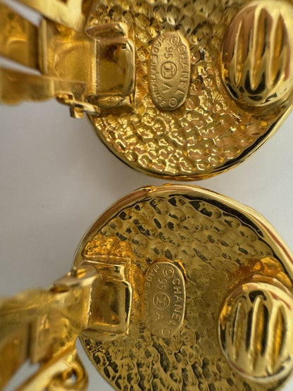 Chanel Vintage 95A Gold Plated Embossed Round CC Clip-on Earrings