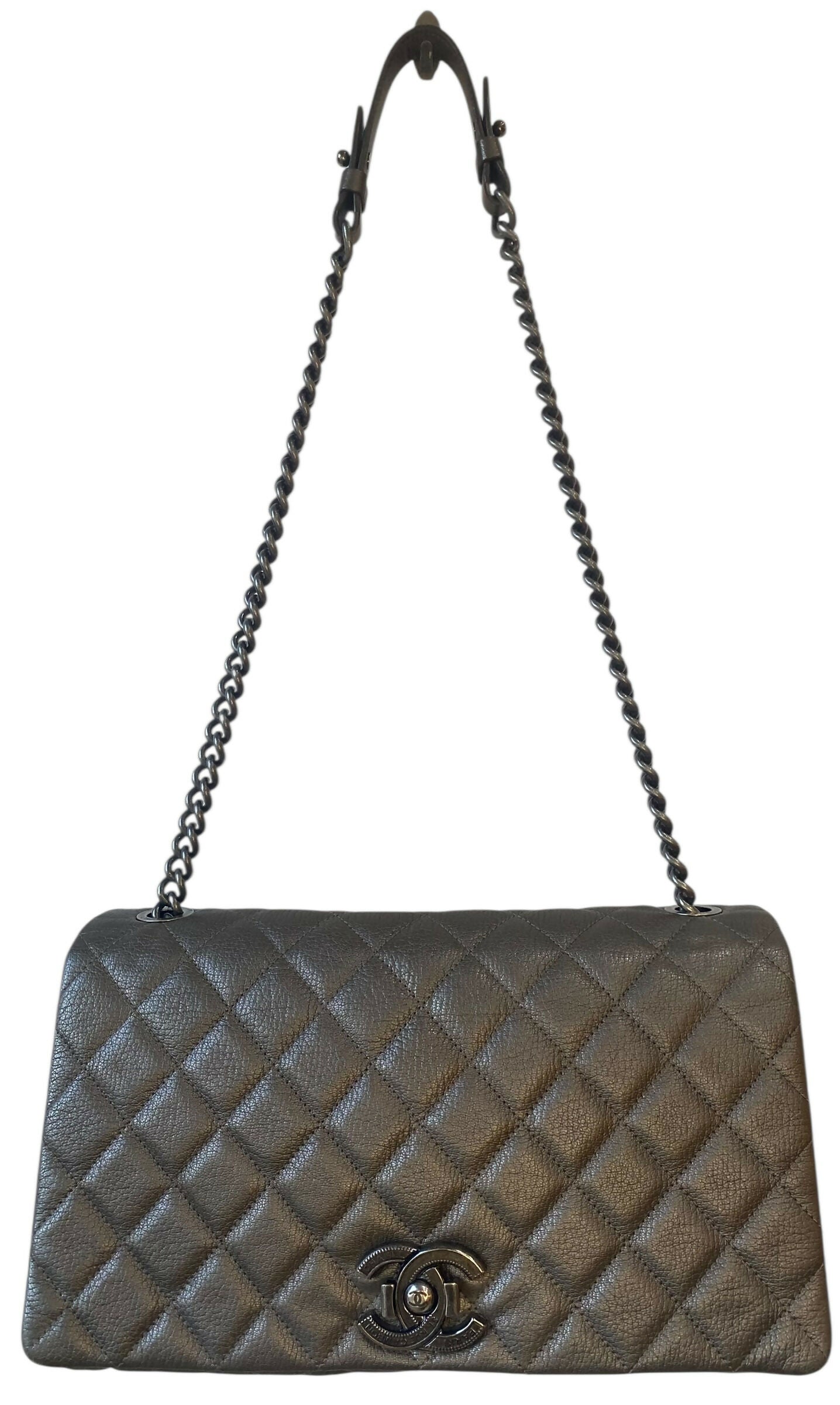Chanel City Rock Large Dark Grey Metallic Quilted Goatskin Flap Bag