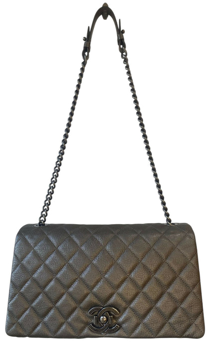 Chanel City Rock Large Dark Grey Metallic Quilted Goatskin Flap Bag