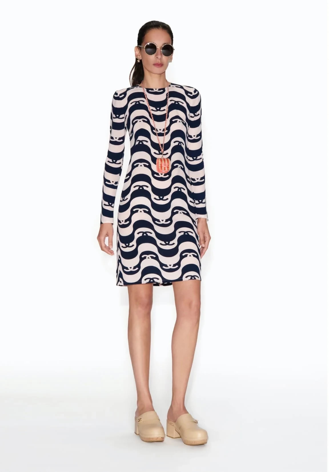 Epic Chanel 21P Ivory & Black CC Wave Silk Midi Dress FR 42