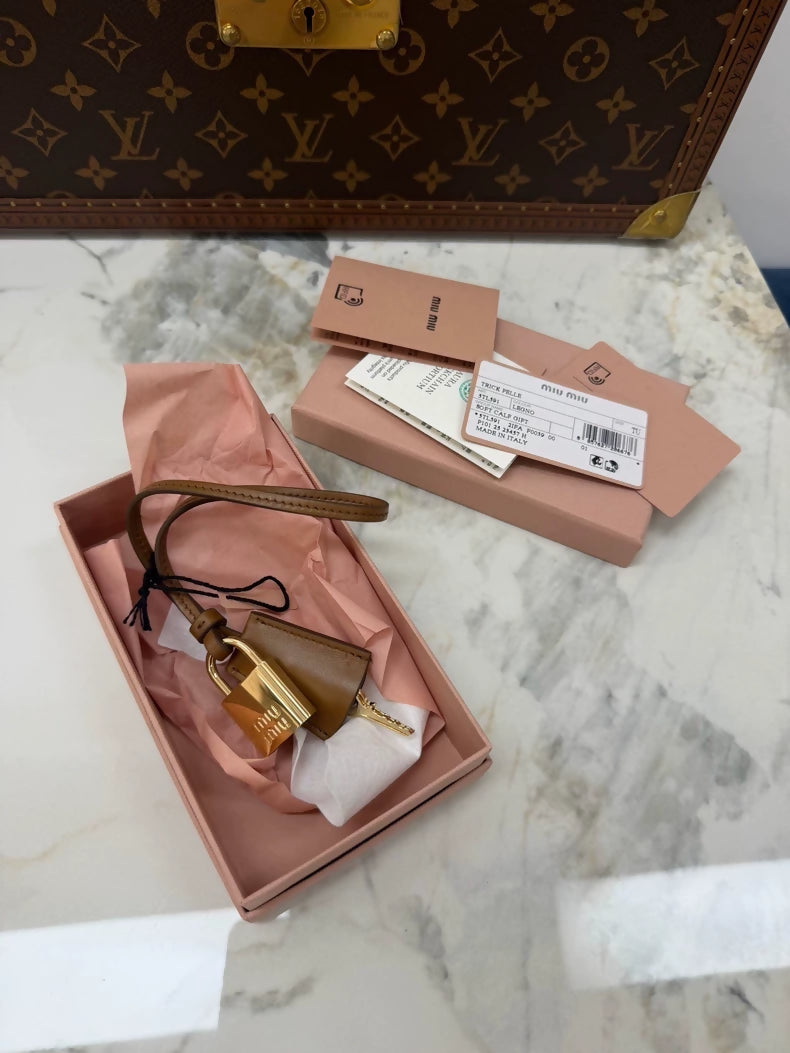 Miu miu brown leather padlock bag charms