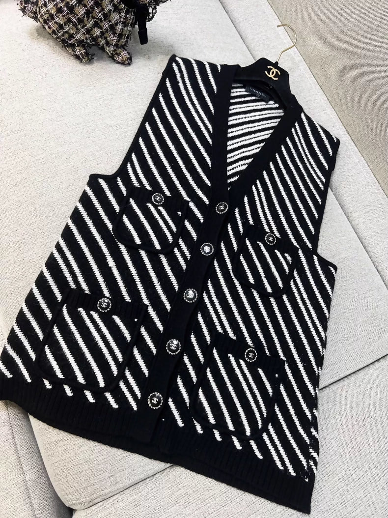Chanel 21B black and white striped cashmere vest