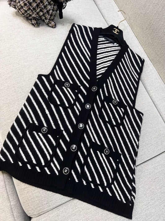 Chanel 21B black and white striped cashmere vest