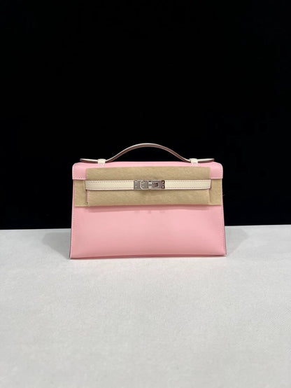 Hermes Kelly pochette pink Sakura & cream white swift leather palladium hardware