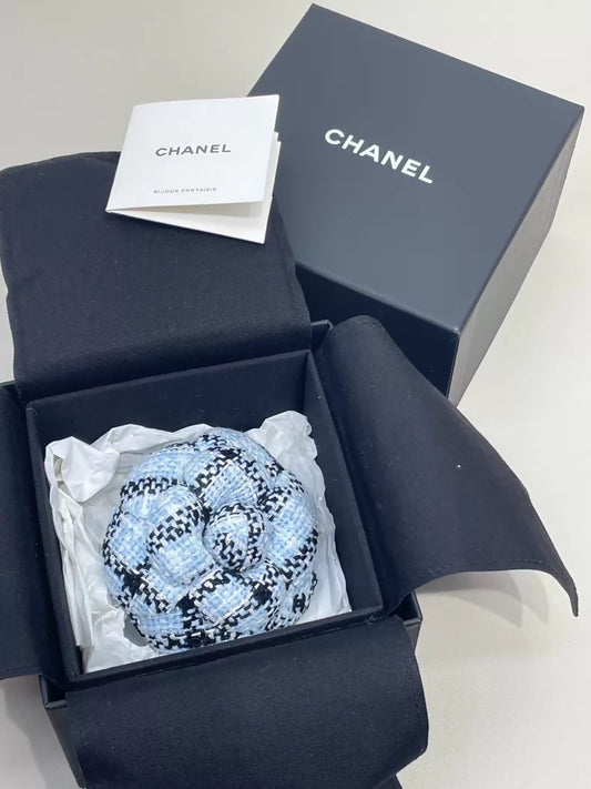 Chanel 25S Blue Tweed Camellia Brooch